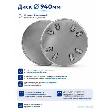 Затирочный диск 940 мм Стандарт 8 креп.,толщ. 3мм, угол 45°-2